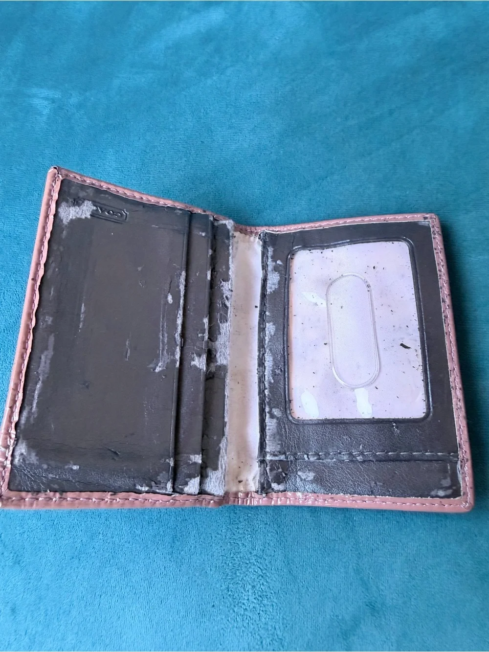 Coach Compact Card Holder in Beige with Pink Trim